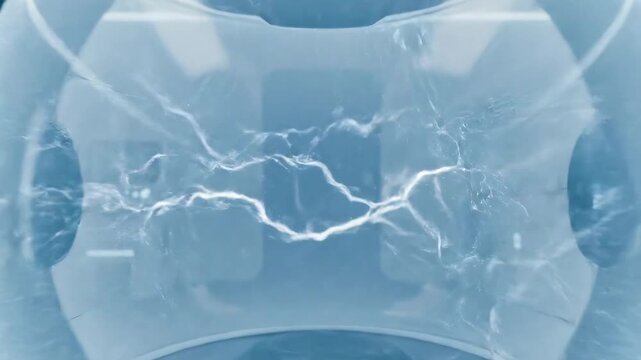 A futuristic medical laboratory chamber glows with blue and white light showcasing advanced technology