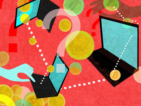 Question mark over hand transferring cryptocurrency using laptop