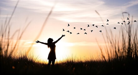 Woman with arms outstretched releasing flock of birds into a vibrant sunset sky, embodying freedom, hope, and new beginnings in a serene natural landscape.