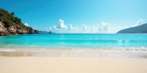 Fototapeta premium A peaceful beach mockup with golden sand, turquoise water, and a clear blue sky for your design projects, exotic, relaxation