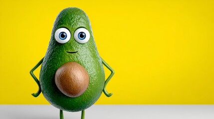 Cartoon avocado character with large eyes and a friendly smile, standing confidently against a vibrant yellow background, showcasing a playful and whimsical design for food-related themes