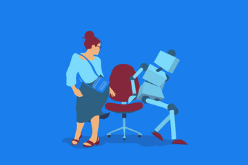 Woman and robot competing to sit in office chair