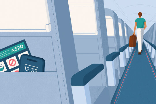 Man leaving his smartphone in seat back pocket on plane