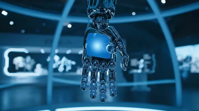A sleek metallic robot hand with glowing blue accents extends forward in a futuristic laboratory setting
