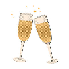 Trendy halftone collage ,champagne toast celebration two champagne glasses, cheers with sparkling stars