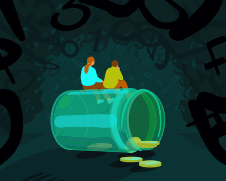 Couple sitting on empty savings jar surrounded by numbers