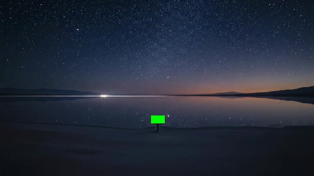 A solitary green square marker stands on a reflective salt flat under a vast star-filled night sky