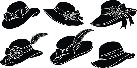 Naklejka premium Elegant women hats silhouette collection, fashion accessories with bows, roses, ribbons, feathers, stylish headwear design set – cad drawing flat vector illustration
