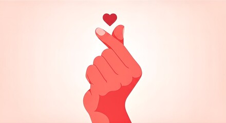 Expressing heartfelt affection and charm with a vibrant red hand gesture forming a delicate heart symbol against a soft, gradient backdrop, embodying love and connection