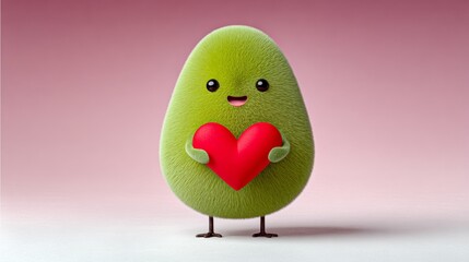 Cute cartoon avocado character with a smiling face, holding a bright red heart in its hands, set against a soft pink gradient background, symbolizing love and affection in a playful manner