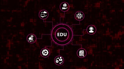 The animation shows the concept of education technology with icons of online learning, digital tools, and educational resources connected to a central hub, promoting innovation - Powered by Adobe