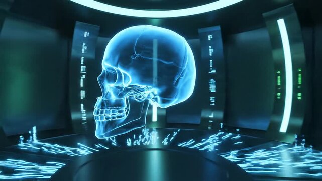 A glowing blue futuristic hologram of a human skull is displayed within a high tech laboratory chamber with intricate light patterns emanating from its base