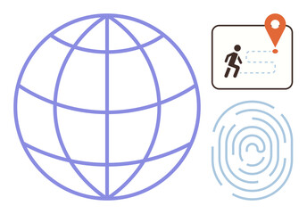 Globe symbol, fingerprint, and location map with path and marker. Ideal for technology, security, global access, navigation, identity innovation data sharing. Simple flat metaphor