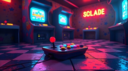 Retro 90s Gaming Scene Vector – Pixel Art Joystick and Neon Arcade Screen