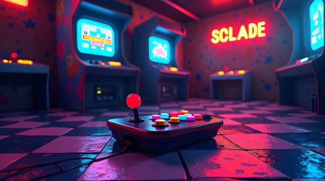 Retro 90s Gaming Scene Vector – Pixel Art Joystick and Neon Arcade Screen