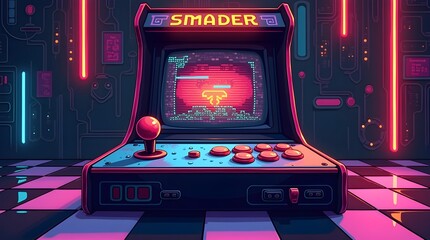 Retro 90s Gaming Scene Vector – Pixel Art Joystick and Neon Arcade Screen