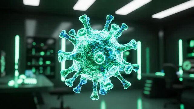 A glowing green and blue virus particle floats in a futuristic laboratory environment with neon lights and scientific equipment in the background