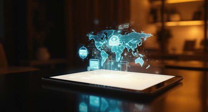 A tablet displays a digital world map hologram with security icons