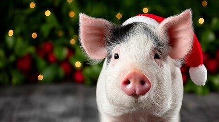 Adorable pig wearing a festive Santa hat, posing against a blurred background of Christmas decorations and lights, capturing the joyful spirit of the holiday season in a charming and playful manner