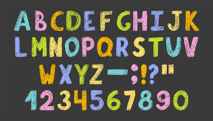Crayon childish alphabet and numbers with pencil crayon texture. Hand drawn scribble letters and numbers in kids grunge style with crayon texture.