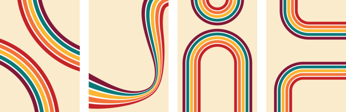 Stripe rainbow groovy posters set.  Vintage line psychedelic backgrounds. Retro line poster in retro groovy colors