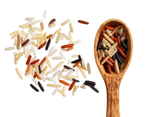 Wooden Spoon Filled with Mixed Rice Grains, Side Angle View, Transparent Background