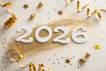 White “2026” digits on gold glitter with ribbons, stars, and ornaments—elegant celebration scene radiating festive charm, sparkle, and seasonal joy. generative ai