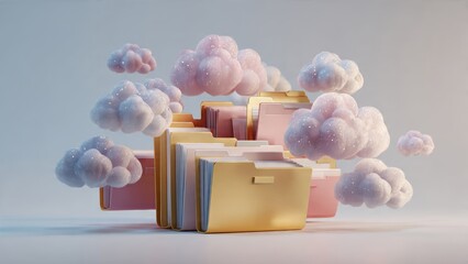 A whimsical arrangement of colorful folders surrounded by fluffy clouds, creating a dreamy, imaginative atmosphere.