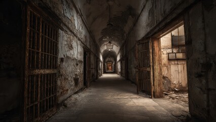A dimly lit, abandoned corridor featuring old prison cells, showcasing peeling walls and a haunting atmosphere.