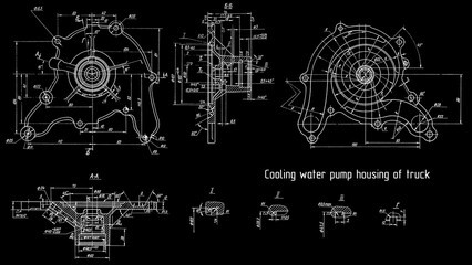 Obraz premium Cooling water pump housing of truck. Engineering assembly mechanical drawing of automotive device on paper sheet. Industrial cad scheme. Technology design of machine building industry.