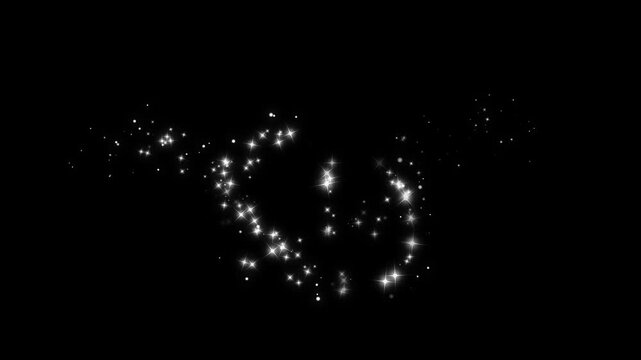 Glowing magic glitter trail, twinkling white stars, fairy sparkle dust, shimmer doodle path, glittering particles motion, star line transition animation, 4k seamless background on black screen