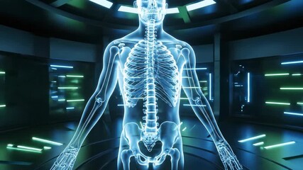 A glowing human anatomy model is displayed in a futuristic medical scanning environment - Powered by Adobe