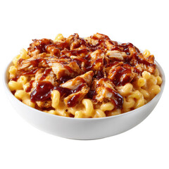 A delicious bowl of creamy macaroni and cheese topped with savory pulled chicken and a generous drizzle of sweet barbecue sauce isolated on a  transparent background