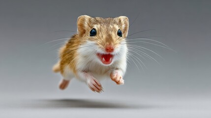 Small, adorable rodent with large eyes and a joyful expression, captured mid-air in a playful leap against a soft gradient background, showcasing its lively and energetic nature