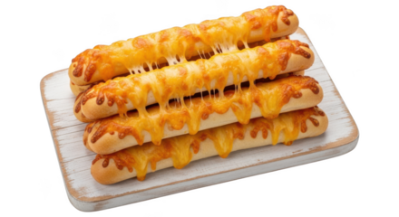 Cheese sticks isolated on transparent background on wooden board