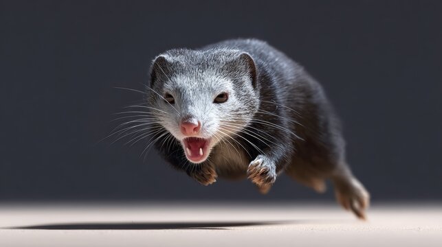 Agile mammal with sleek fur and sharp features is leaping forward, showcasing its dynamic movement and fierce expression against a neutral background, emphasizing its natural instincts and agility
