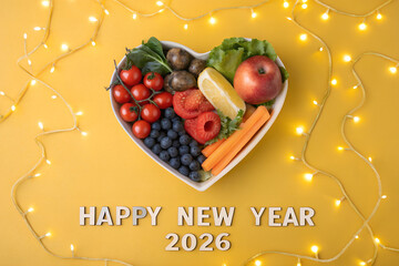 Heart-shaped bowl of fruits and veggies on yellow with lights—“HAPPY NEW YEAR 2026” celebrates wellness, vitality, and fresh beginnings with festive charm. generative ai
