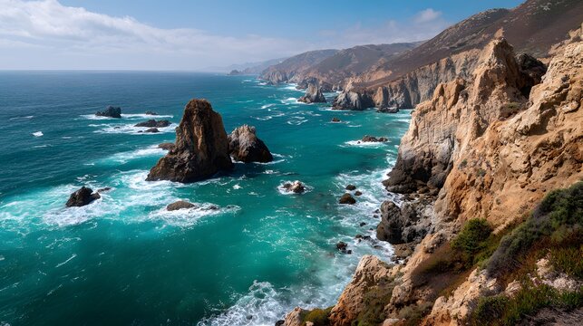 Rugged coastal cliffs meet turquoise ocean waves under a bright sky