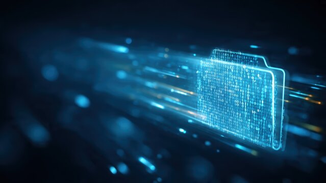 A glowing digital folder surrounded by flowing binary code, representing data transfer and technology in a futuristic setting.