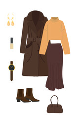 A set of women's clothing consisting of a brown coat, a beige sweater, a burgundy skirt, brown boots and a bag, a wristwatch and earrings