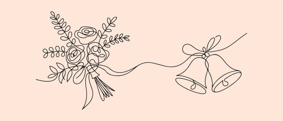 Wedding Bouquet and Bells One Line Art – Elegant Minimalist 