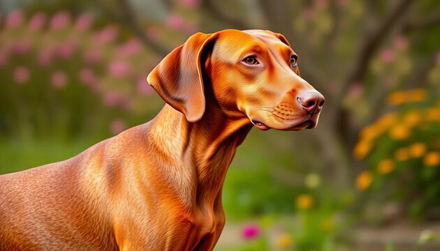 Sleek, muscular Redbone Coonhound with glossy red coat and long ears, alert and focused in a vibrant natural outdoor setting,  beautiful,  powerful