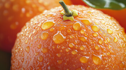 Fresh orange with water droplets in close-up macro view