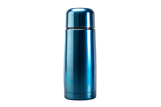 Sleek modern metallic blue thermos flask with a screw on cap and brushed finish isolated on transparent background