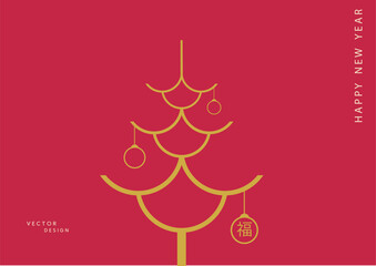 Christmas Tree in Chinese Style with Golden Ornament and Red Background. Perfect for New Year and Christmas greeting cards, The hieroglyph translates from Chinese as happiness.