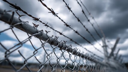 A close-up view of barbed wire fencing under a cloudy sky, conveying a sense of confinement and security.
