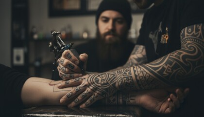 Tattoo artist in studio creating new design on client's arm representing creativity self expression and cultural symbolism of body art in contemporary lifestyle