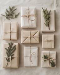 Minimalist Christmas gifts wrapped in neutral paper with fir sprigs