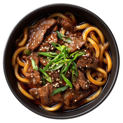 An overhead view of a delicious bowl of beef udon noodles in a dark broth garnished with green onions and sesame seeds
