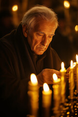 Elderly man lighting candles in dim church interior